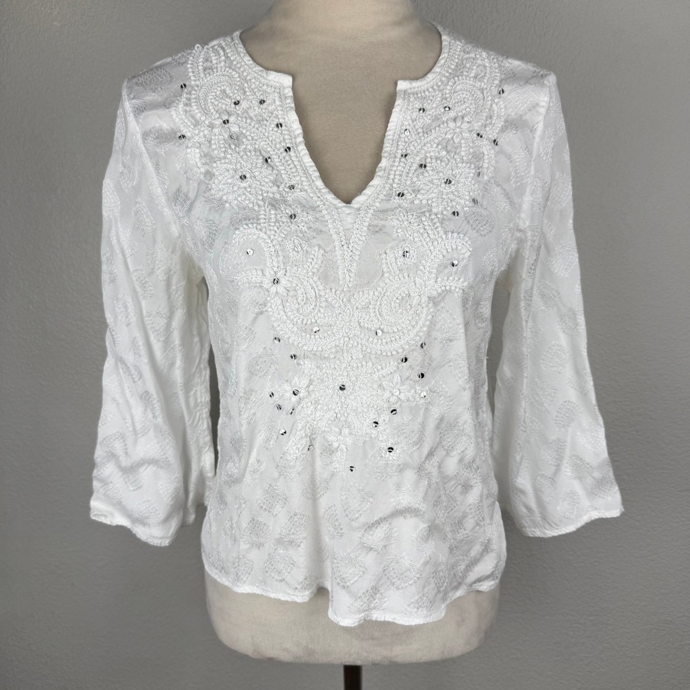 Made With Love White Embroidered Sequin V-Neck Blouse 3/4 Bell Sleeve Cotton Top
